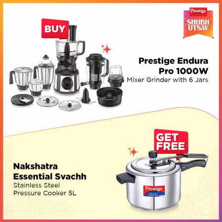 Prestige 1000 Watts Endura Pro Mixer Grinder, 6 Jars and Food Processor, Black and Silver, and Nakshatra Essential Svachh Stainless Steel Pressure Cooker 5.0 L